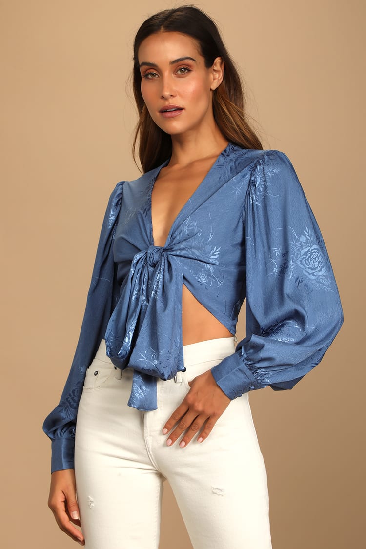 Blue Satin Cropped Top - Tie-Front Top - Satin Jacquard Top - Lulus