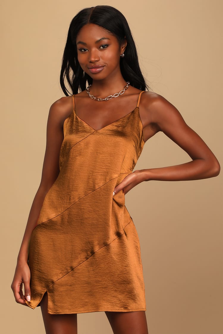 Brown Satin Dress - Satin Mini Dress - Shift Dress - Party Dress - Lulus