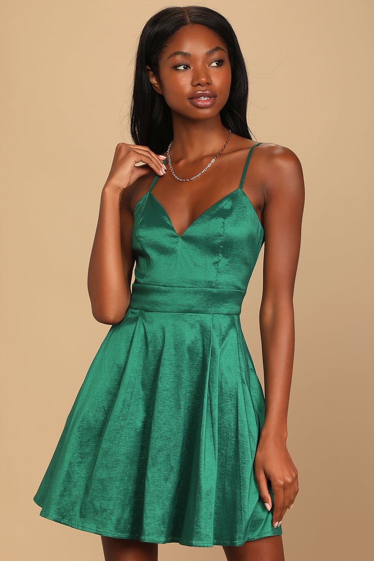 Shiny Emerald Green Skater Dress - Skater Dress - Mini Dress - Lulus