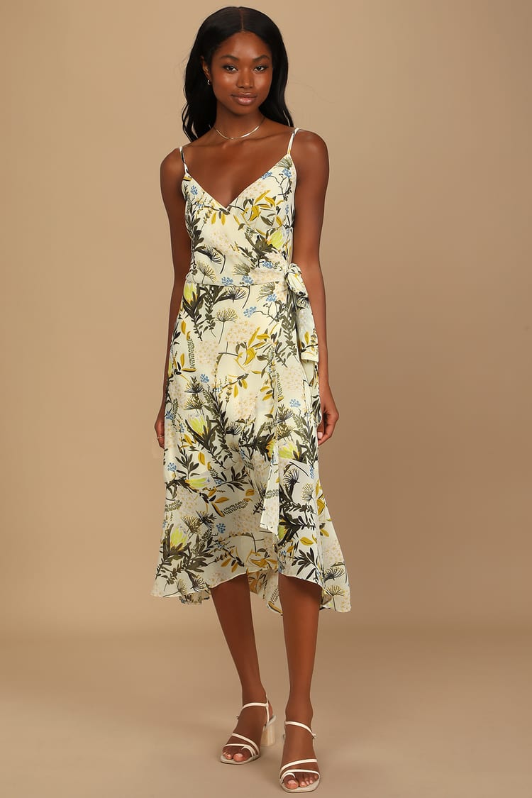 Cream Floral Print Dress - Surplice Dress - Midi Wrap Dress - Lulus