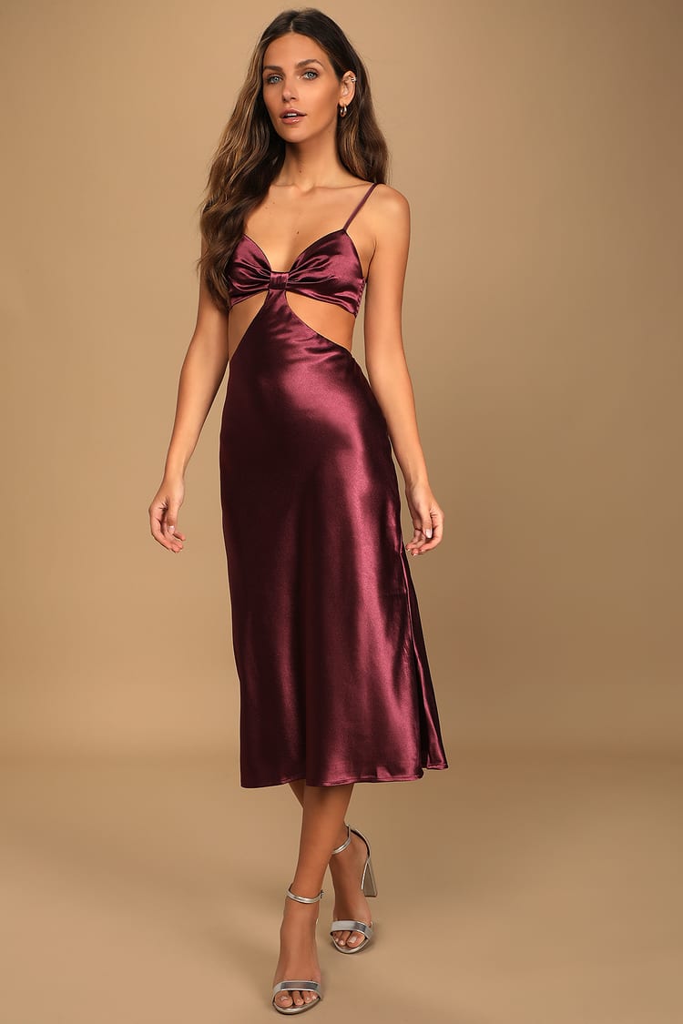 Plum Purple Satin Dress - Cutout Midi Dress - Satin Midi Dress - Lulus