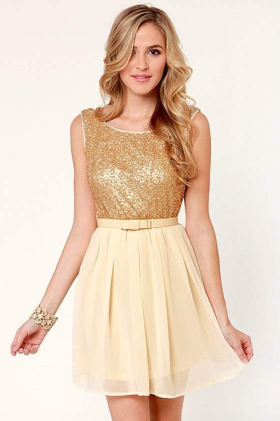 Fancy Sequin Dress - Gold Dress - Belted Dress - $45.00 - Lulus