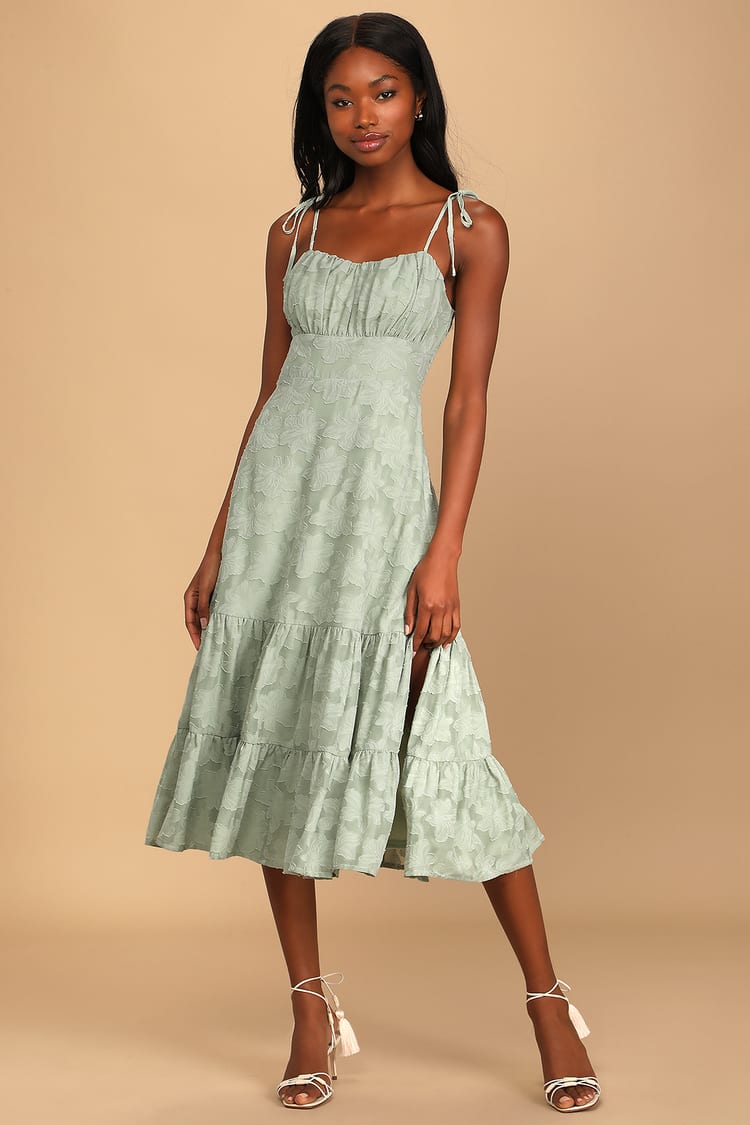 Sage Green Midi Dress - Jacquard Dress - Tie-Strap Dress - Lulus
