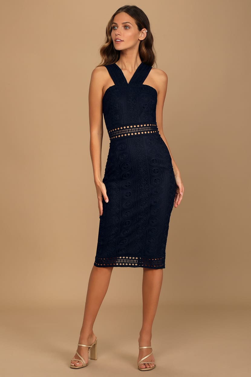 Navy Blue Midi Dress - Crochet Lace Dress - Sleeveless Dress - Lulus