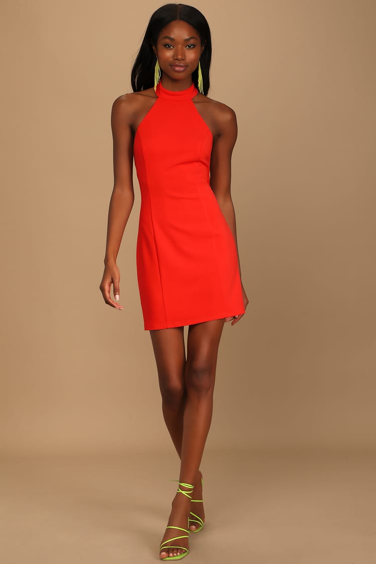 Coral Red Bodycon Dress - Bodycon Mini Dress - Halter Dress - Lulus