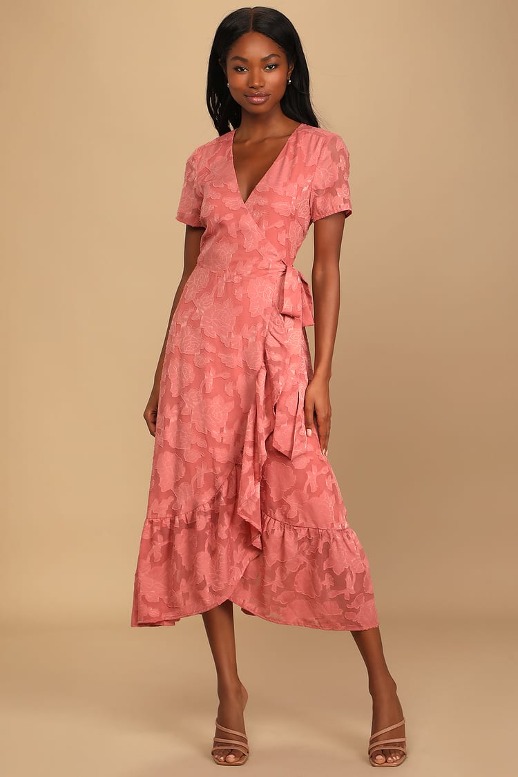 Rusty Rose Midi Dress - Jacquard Dress - Short Sleeve Wrap Dress - Lulus