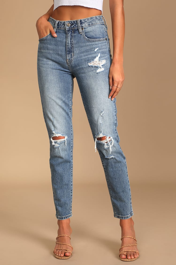 Blue Tobi Medium Wash High Rise Distressed Denim Mom Jeans | Womens | 1 (Available in 5, 0) | Lulus