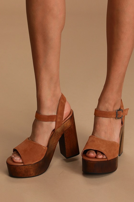 Lulus Lolita Leather Cognac Suede Wooden Platform Sandal Heels In Brown