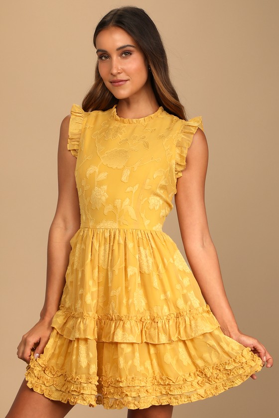 Mustard Yellow Mini Dress - Burnout Floral Dress - Ruffled Dress - Lulus