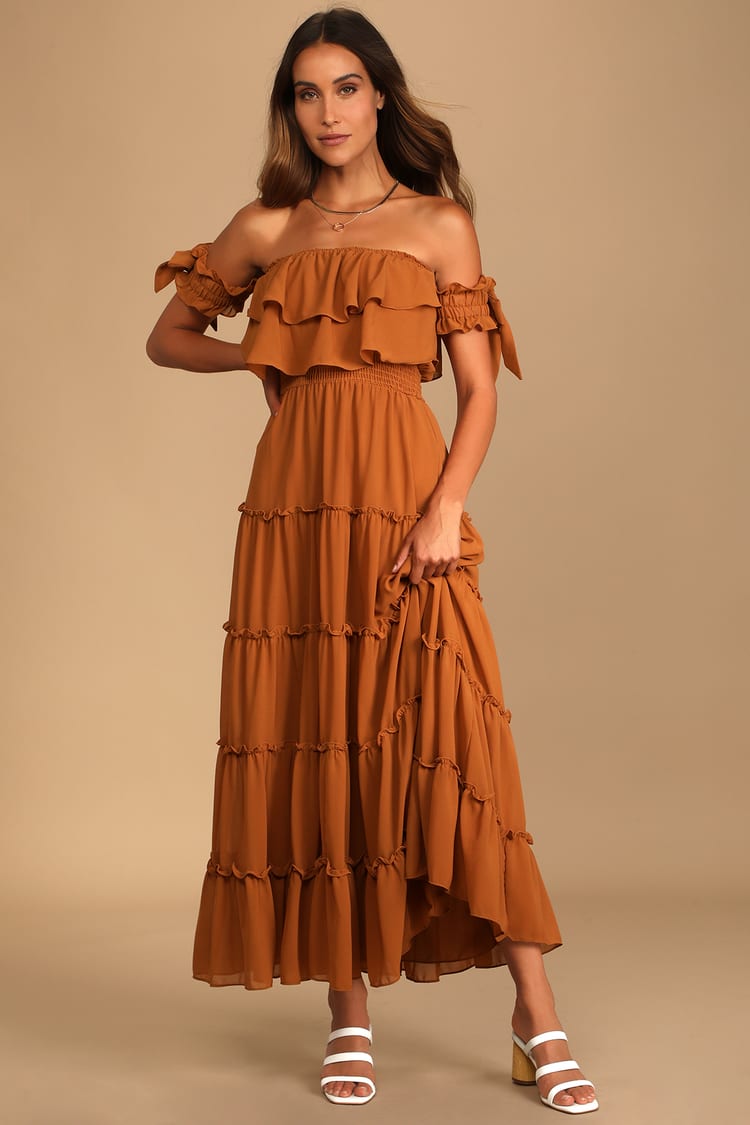 Light Brown Maxi Dress - Off-the-Shoulder Dress - Ruffled Dress - Lulus