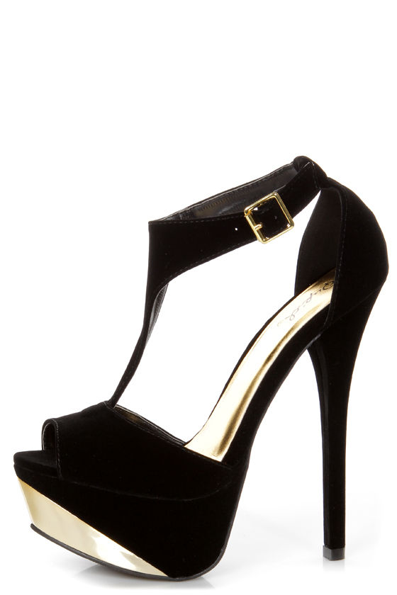 Qupid Count 09 Black Velvet and Gold T Strap Platform Heels - $37.00 - Lulus