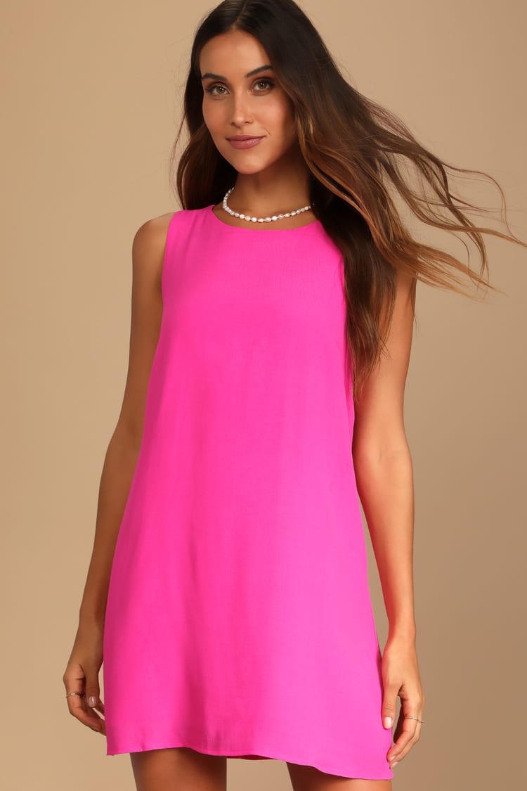 Hot Pink Mini Dress - White Shift Dress - Sleeveless Shift Dress - Lulus