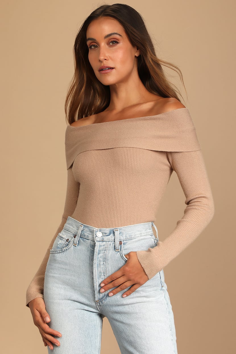Tan Sweater - Off-the-Shoulder Sweater - Cropped Sweater - Lulus