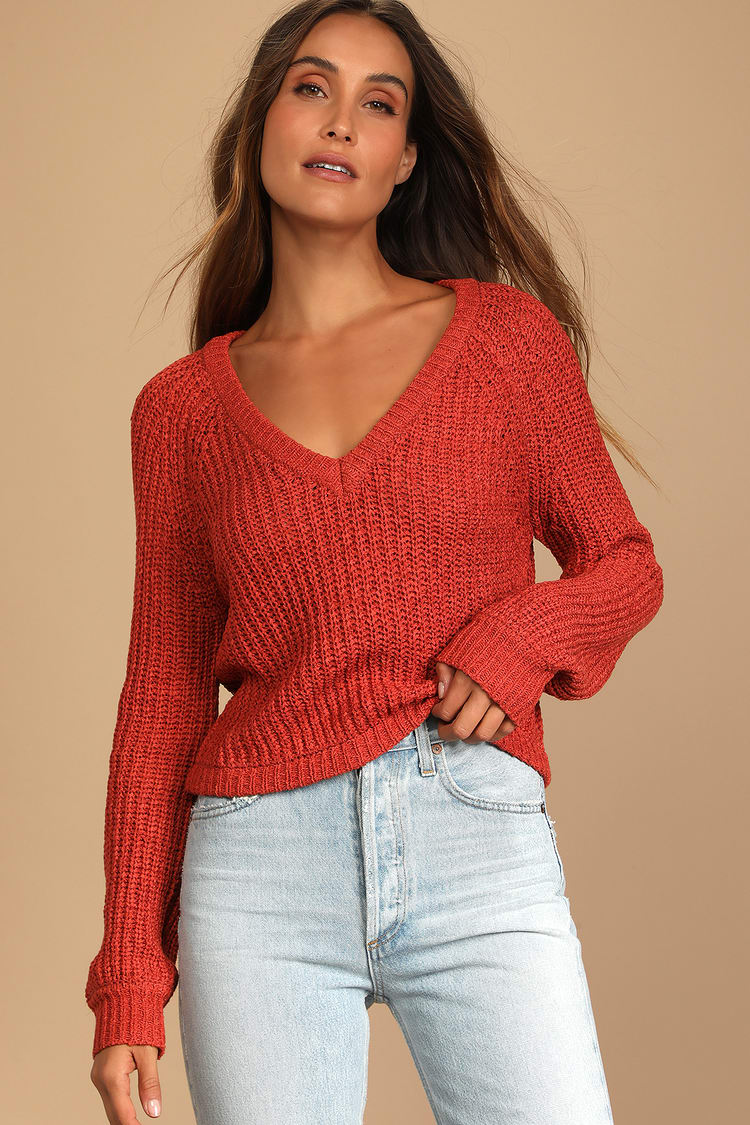 Rust Red Sweater - Tape Yarn Sweater - V-Neck Sweater - Lulus