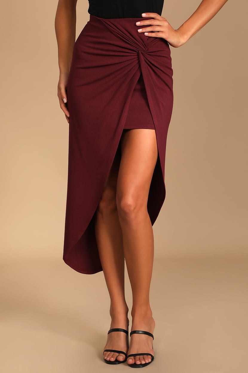 Burgundy Midi Skirt - High-Low Skirt - Twist-Front Midi Skirt - Lulus