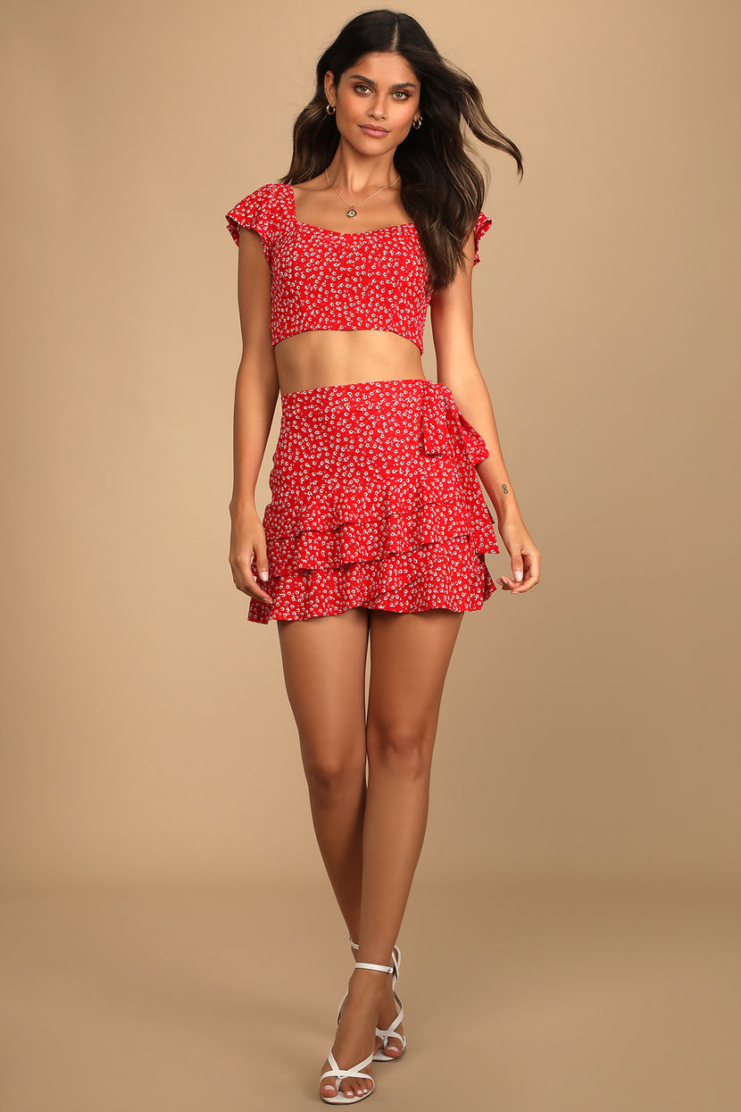 Red Floral Print Mini Skirt - Floral Print Skirt - Side-Tie Skirt - Lulus