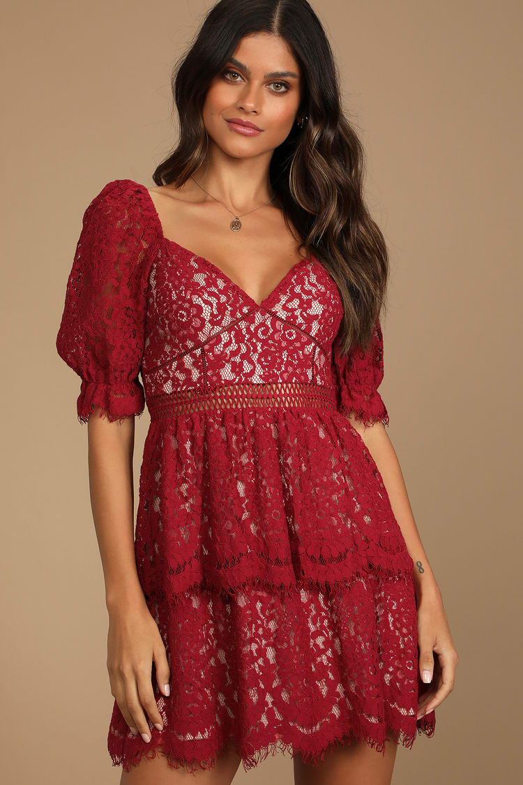 Mini Dress Tiered Lace Dress - Short Sleeve Red Dress - Lulus