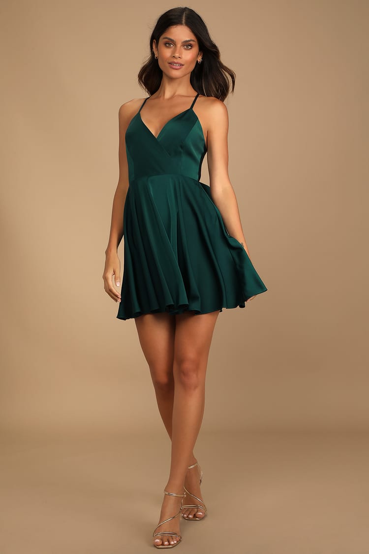 Emerald Satin Dress - Satin Skater Dress - Lace-Up Skater Dress - Lulus