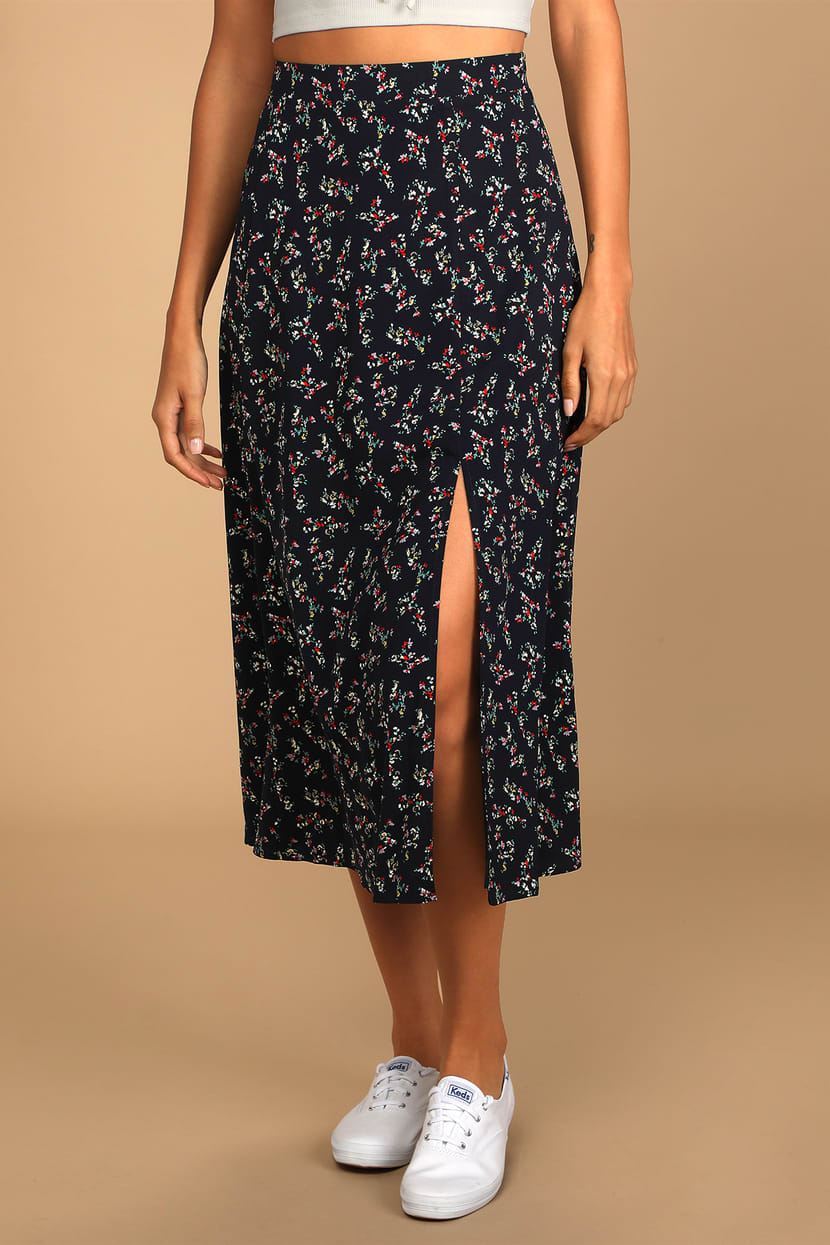 Navy Blue Floral Print Skirt - Red Midi Skirt - A-Line Midi Skirt - Lulus