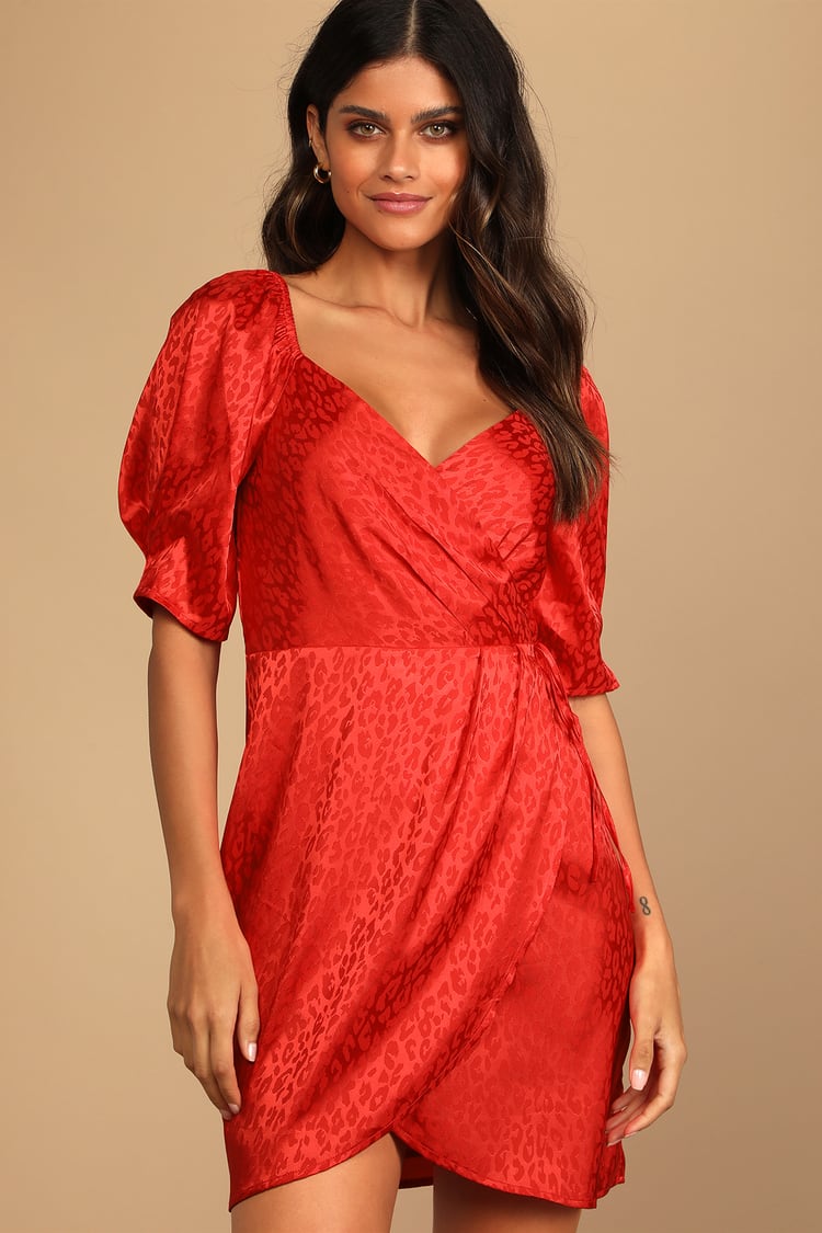 Red Mini Dress - Leopard Satin Dress - Mini Wrap Dress - Lulus