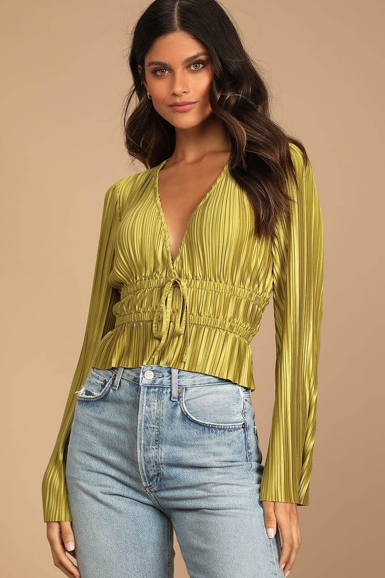 Chartreuse Pleated Top - Bell Sleeve Top - Women's Tops - Lulus