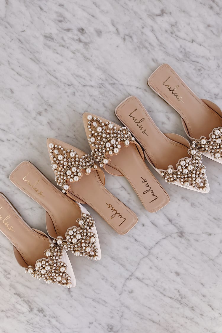 Beige Flats - Pearl Flats - Embroidered Flats - Pointed-Toe Flats - Lulus