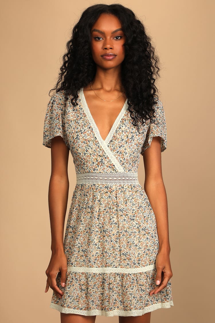 Cream Floral Print Dress - Surplice Dress - Tiered Mini Dress - Lulus