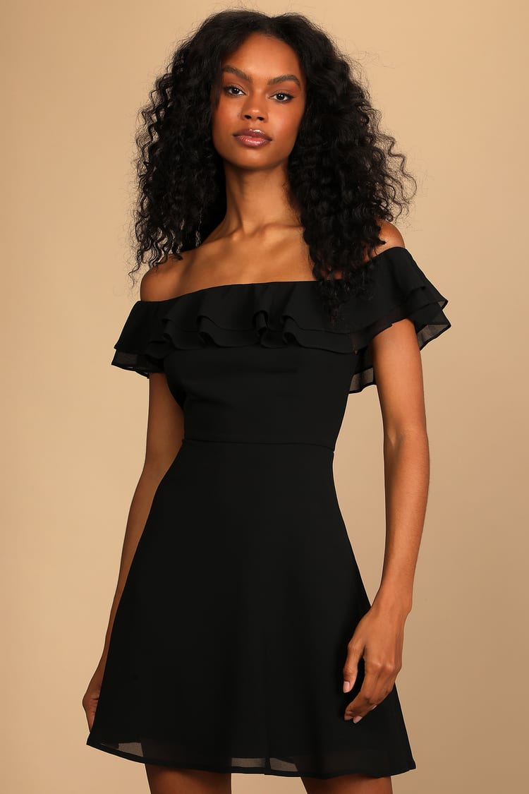 Black Mini Dress - OTS Skater Dress - Off-the-Shoulder Dress - Lulus