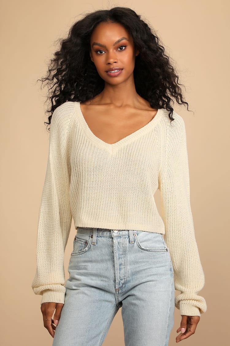 Cream Sweater - Cropped Sweater - V-Neck Sweater Top - Lulus