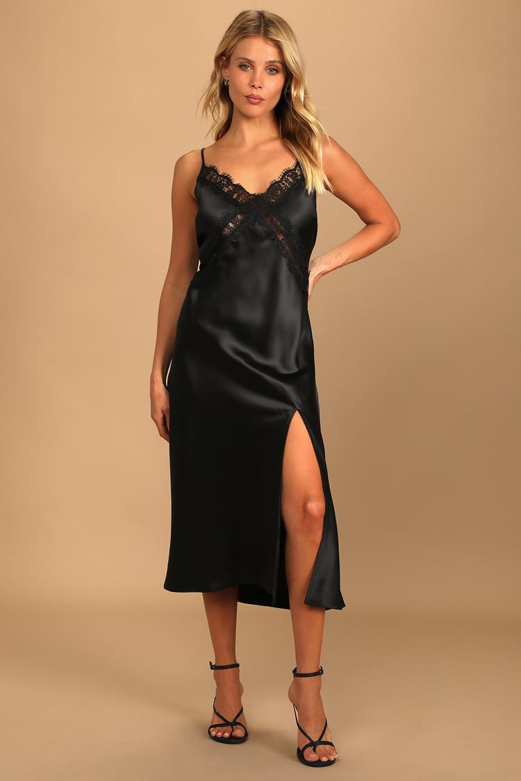 Black Midi Dress - Satin Midi Dress - Lace Column Dress - Lulus