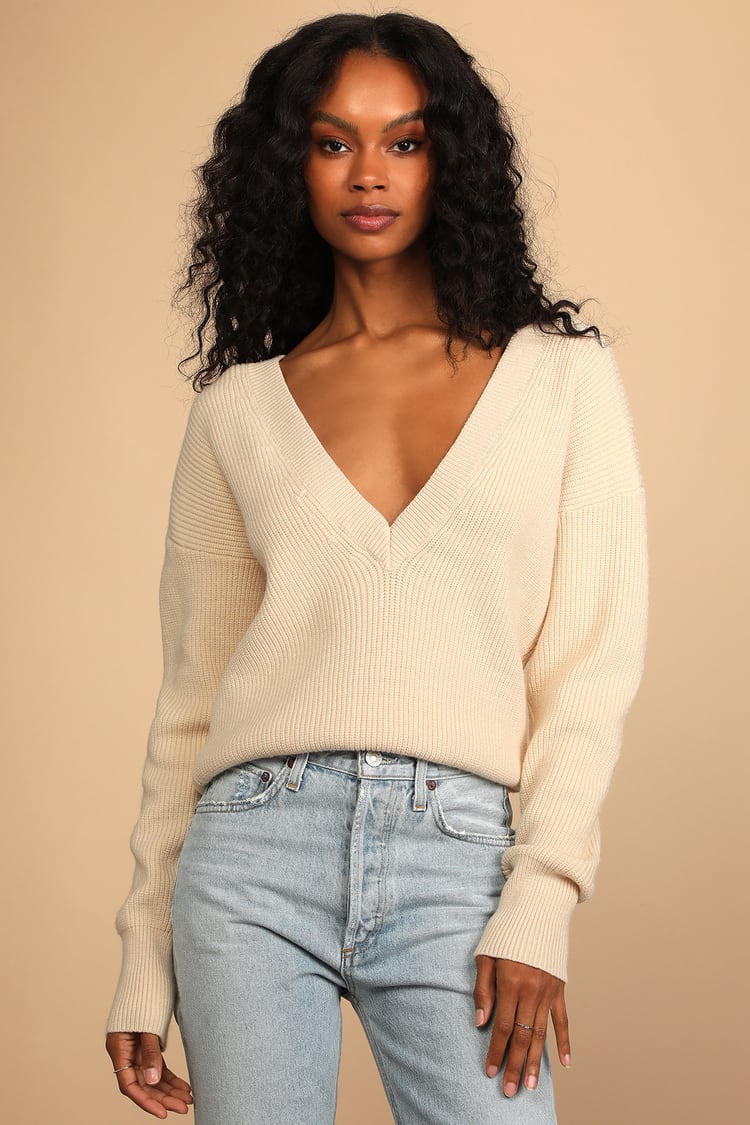 Cream V-Neck Sweater - Reversible Sweater - Deep V Sweater - Lulus