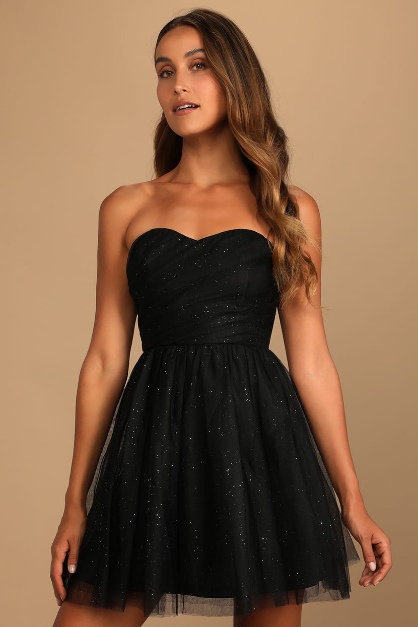 Black Skater Dress - Strapless Skater Dress - Glitter Mini Dress - Lulus