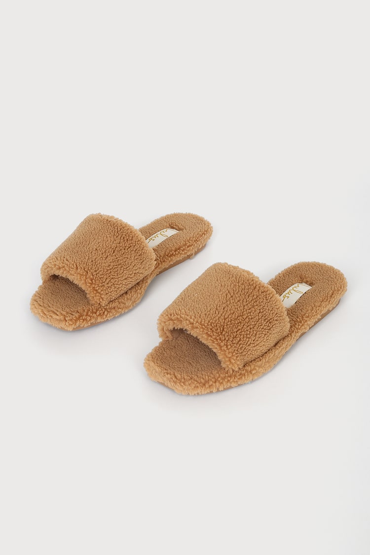 Camel Fur Slippers - Faux Fur Slippers - Slide-On Slippers - Lulus
