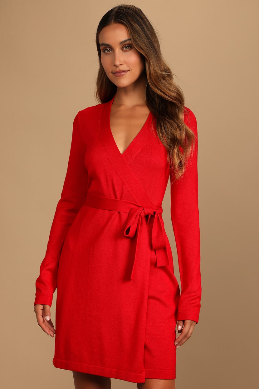 Long Sleeve Red Dress - Wrap Dress - Wrap Sweater Dress - Lulus