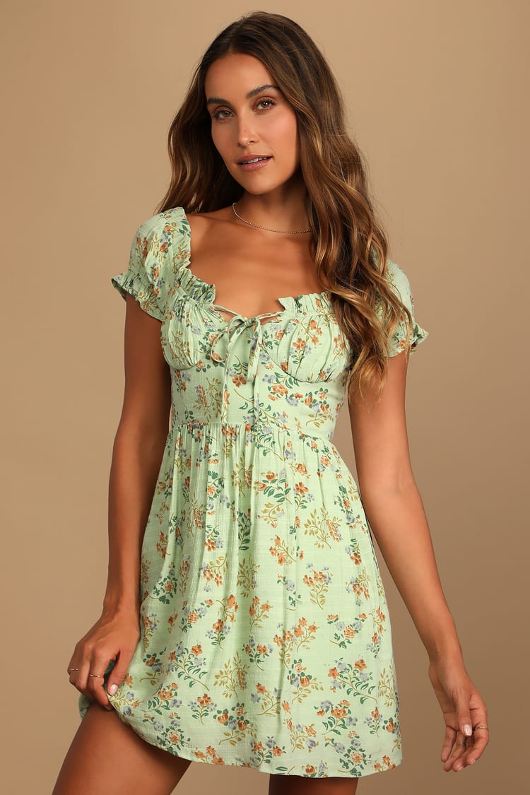 Sage Green Mini Dress - Floral Print Dress - Skater Dress - Lulus
