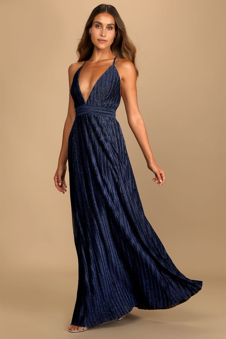 Navy Blue Sparkly Dress - Pleated Maxi Dress - Metallic Dress - Lulus