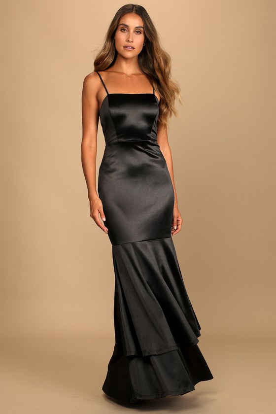 Black Maxi Dress - Satin Dress - Tiered Dress - Mermaid Dress - Lulus