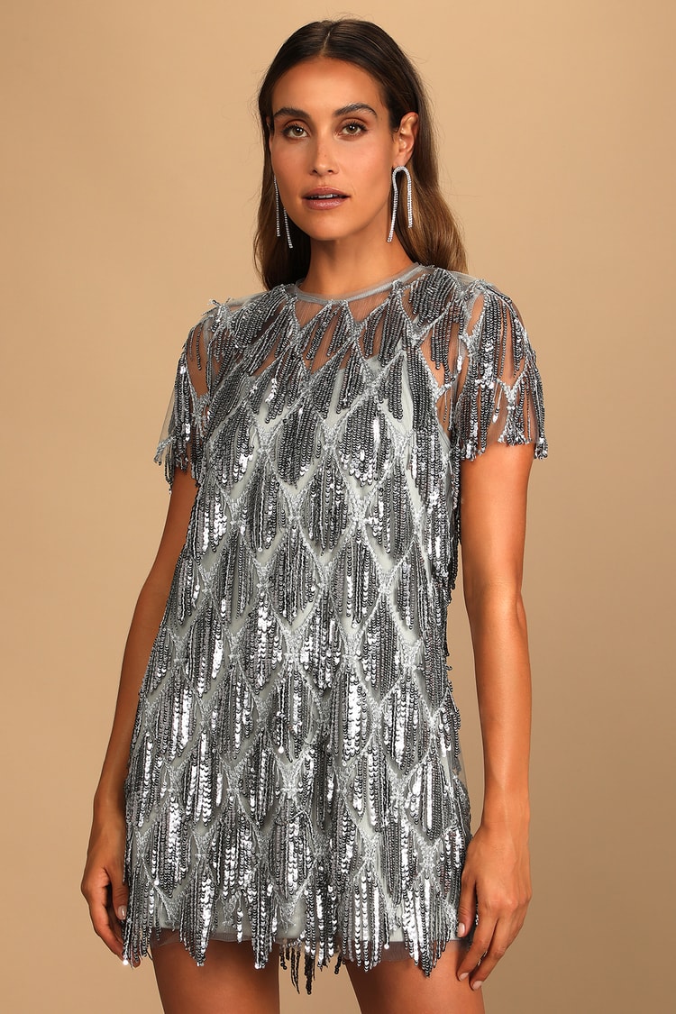 Grey Sequin Dress - Sequin Fringe Mini Dress - Shift Dress - Lulus