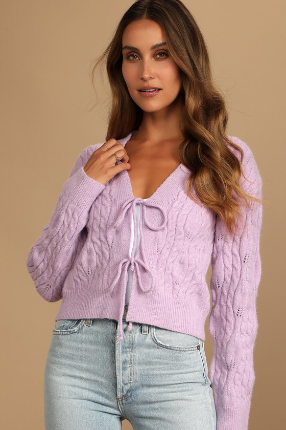 Lavender Cable Knit Cardigan - Tie-Front Sweater - Knit Sweater - Lulus