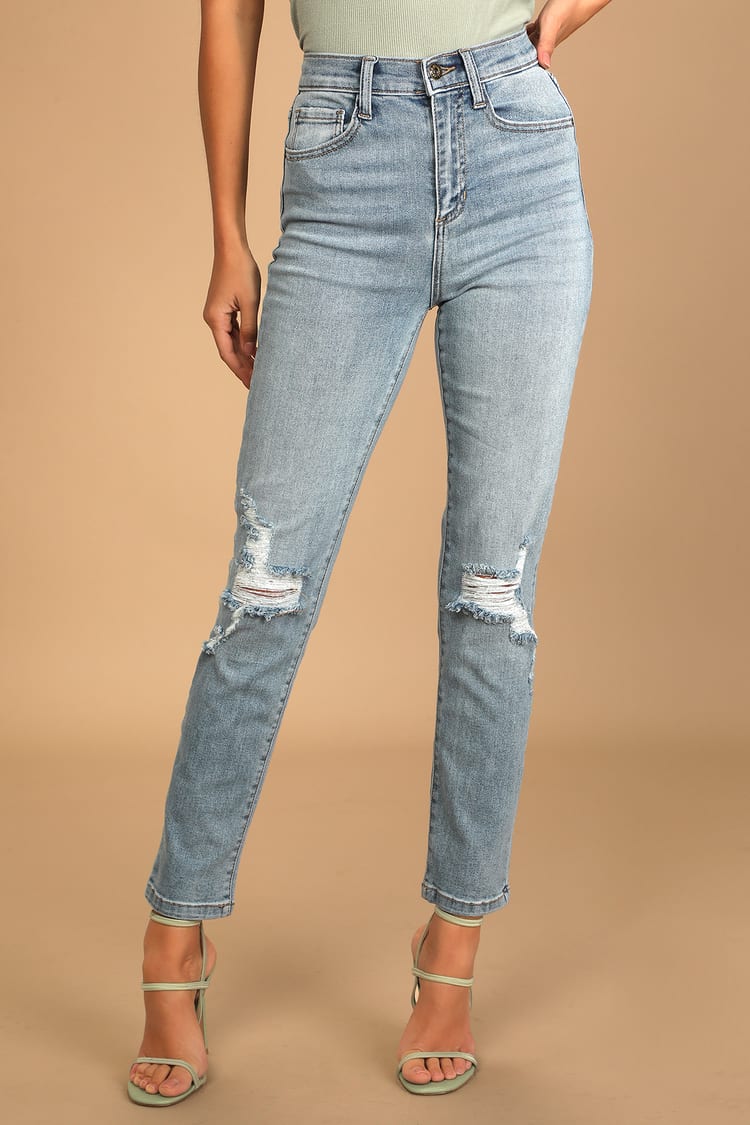Light Wash Jeans - Distressed Mom Jeans - High-Waisted Jeans - Lulus