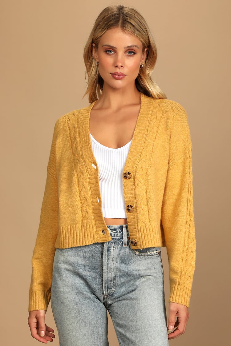 Mustard Yellow Cardigan - Cable Knit Sweater - Button-Up Sweater - Lulus