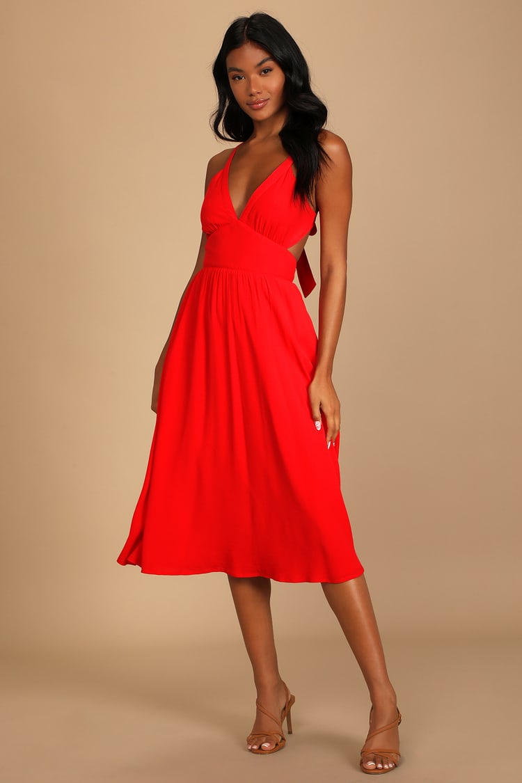 Bright Red Midi Dress - Tie-Back Dress - Midi Dress with Pockets - Lulus