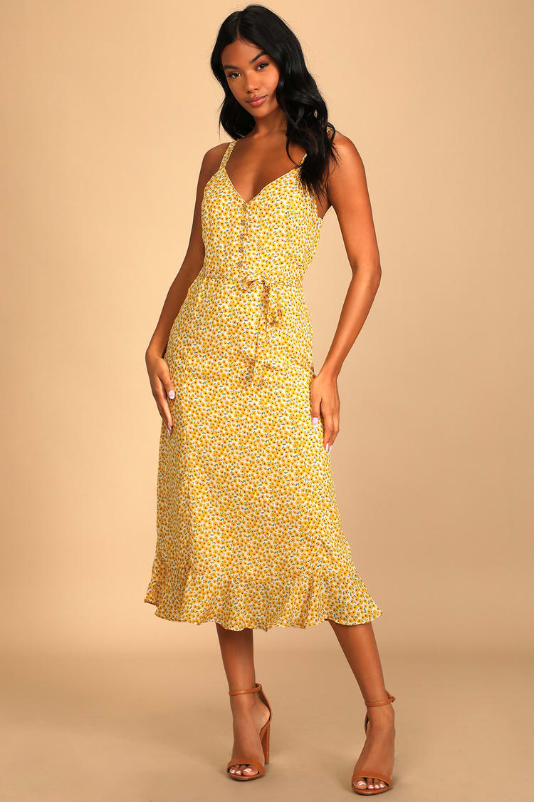 Yellow Floral Print Dress - Floral Midi Dress - Sheath Midi Dress - Lulus