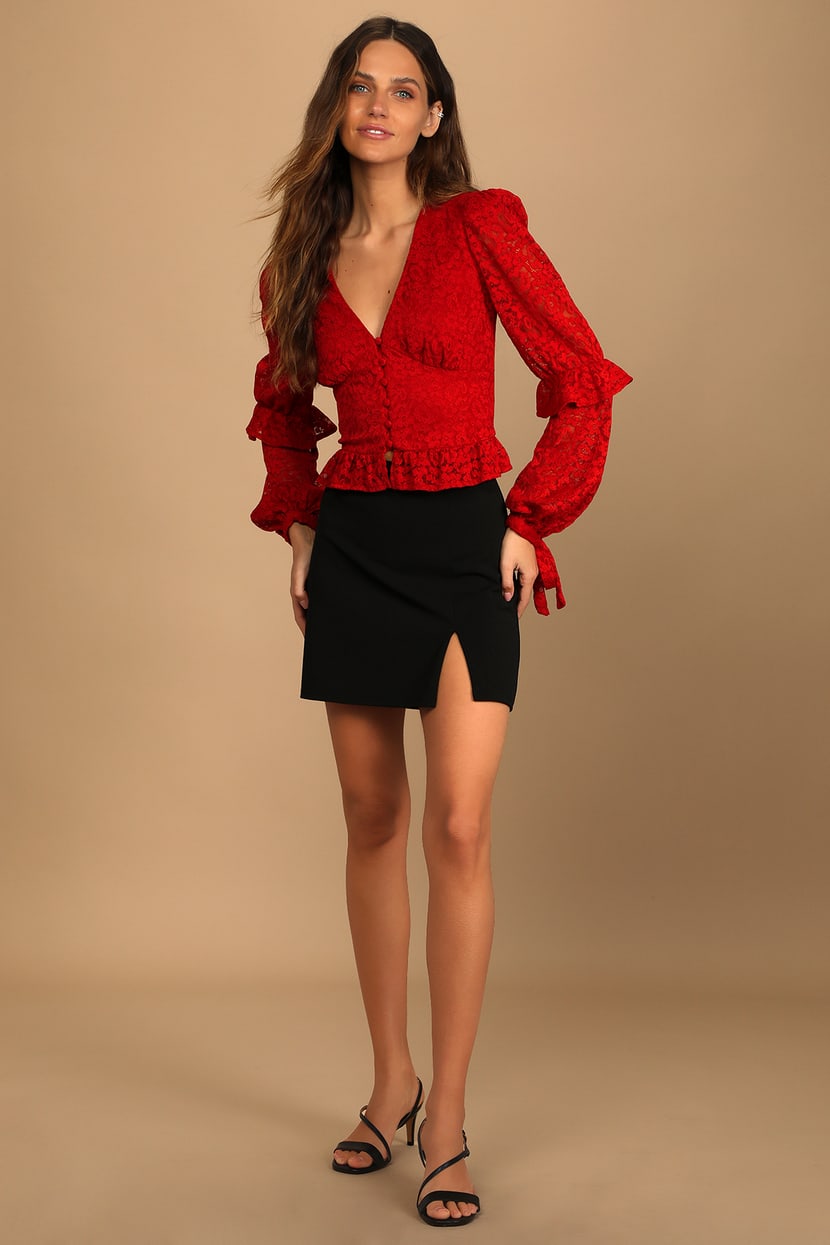 Red Long Sleeve Top - Lace Top - Ruffled Top - Long Sleeve Top - Lulus