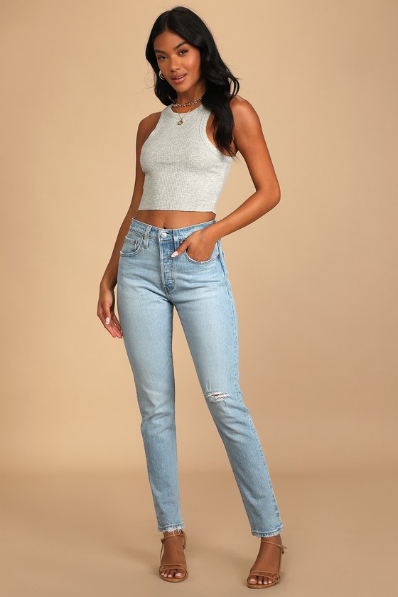 501 skinny light hot sale blue distressed jeans