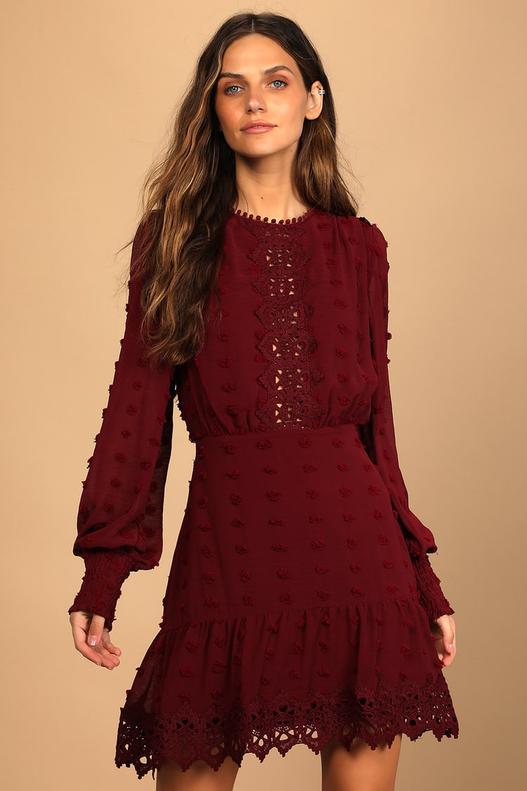 Wine Red Dress - Embroidered Long Dress - Ruffled Dress - Lulus