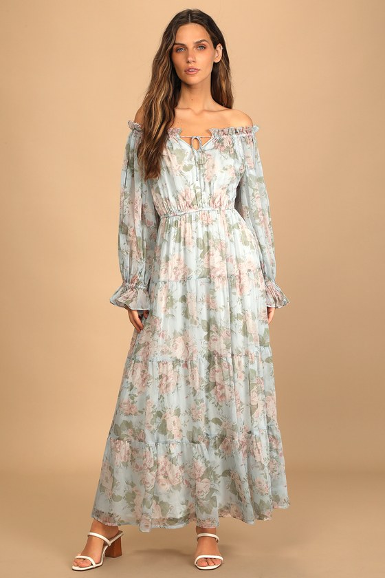 Light Blue Floral Print Dress Long Sleeve Dress Maxi Dress Lulus 