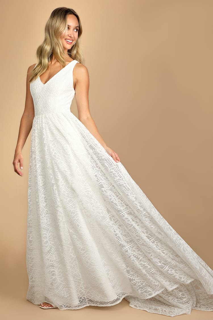 White Lace Maxi - A-Line Maxi Dress - Lace Dress with Train - Lulus