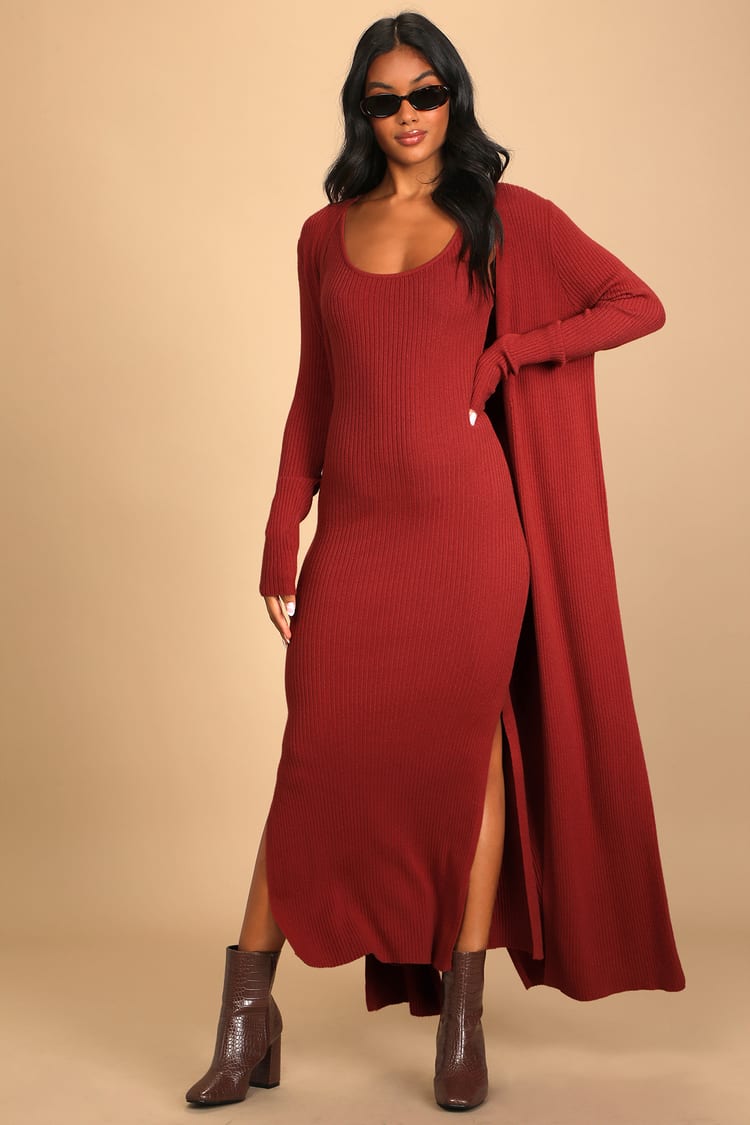 Rust Red Sweater Dress - Cardi & Dress Set - Cardigan Dress - Lulus