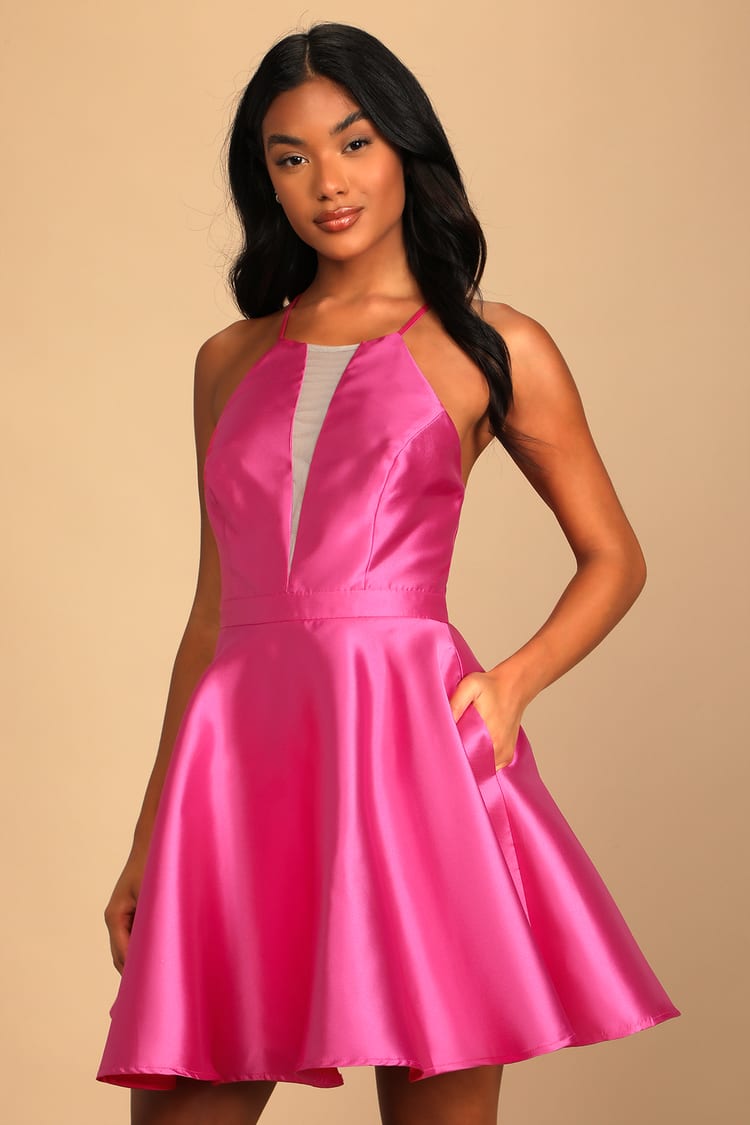 Hot Pink Skater Dress - Plunge Skater Dress - Plunge Bodice Dress - Lulus